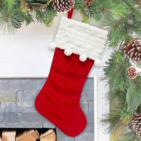 Holiday Time 681884547265 20-in Plush Red Velvet Christmas Stocking With Pom Poms Fur Cuff