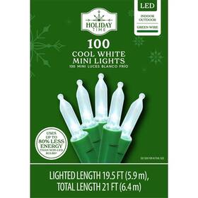72-286 Holiday Time 100 Count Cool White Led Mini Christmas Lights Green Wire 21 Ft