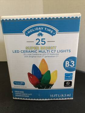 72-609 Holiday Time 25 Led Multicolor Super Bright C7 Christmas Lights Green Wire New