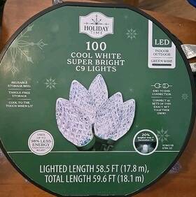 Holiday Time 764878700058 100 Ct Faceted Cool White Led Super Bright C9 Christmas Lights. New
