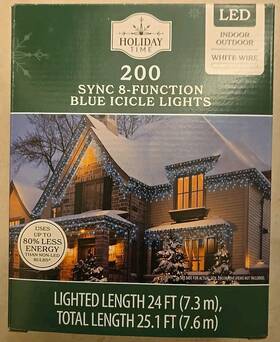 Holiday Time 764878780654 New 200-count Led 8 Function-sync Icicle Christmas Lights Blue 24ft