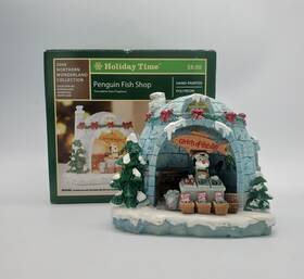 Holiday Time 805780303743 Penguin Christmas Igloo Fish Shop Village Lighted Hand Painted Porcelain