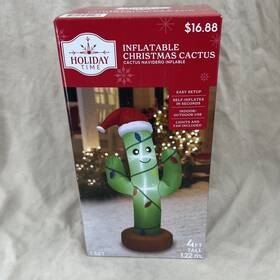Holiday Time 810059721487 Inflatable Christmas Cactus 4ft Green Lighted Santa Hat Airblown Indoor Outdoor