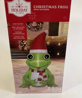 Holiday Time 810059722811 Christmas Frog Inflatable In Santa Hat Scarf Airblown Gemmy 3.5 Ft