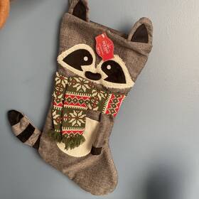 Holiday Time 843832105440 Raccoon With Scarf Christmas Stocking 20 Inch Burlap Woodland Themed