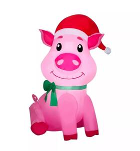 85795 Holiday Time 3.5 Christmas Pig In Santa Hat Airblown Inflatable Lighted Decor