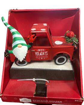 Holiday Time 882113040223 Vintage Red Truck Hauling Elf Gnome Metal Christmas Stocking Holder