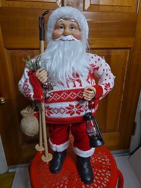 Holiday Time 887718504620 18 Inch Christmas Santa In Sweater With Lantern Ski Poles Burlap Bag