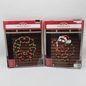 95124jc Holiday Time Lighted Santa And Wreath Christmas Decorations Window