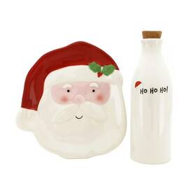 Wm2022w005 Holiday Time Christmas Earthenware Ceramic Santa Cookie Plate And Bottle Set New
