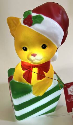 X42011-012381 Holiday Time Christmas Cat In Gift Box Blow Mold Lighted Led 11 Inch Small Indoor By