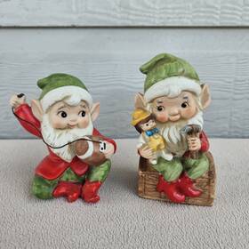 5206 Homco 5618 Vintage Set Of 2 Christmas Elf Elves Figurine Football Doll 4.5 Inch