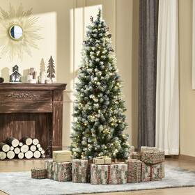 Us830-380v800146 Homcom 6ft Led Lit Flocked Artificial Xmas Tree With Pine Cones Stand Berries