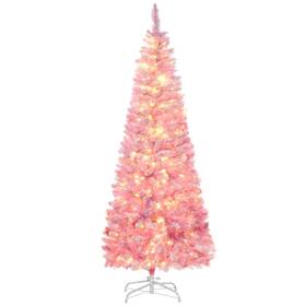 Us830-524v80pk0145 Homcom 6/7.5ft Prelit Snow Flocked Artificial Christmas Tree With Tips Led Lights Pink