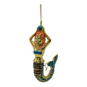 U026-4355t Home And Holiday Shops Turquoise Mermaid Articulated Enamel Metal Christmas Ornament 4.25 Inch