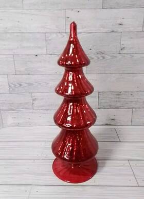 1000050320 Home Decorators Collection Red Glass Christmas Tree Shelf Table Decor 11.5 Inch Tall