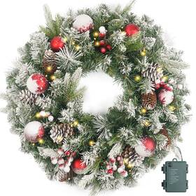 Homekaren 712110506012 Flocked Christmas Wreath Pre-lit 24 Inch With 50 Light And Red Ball Pine Cone