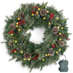 Homekaren 712110506036 Christmas Wreath Snowy Pre-lit 24 Inch With 50 Light And Pine Cone Artificial