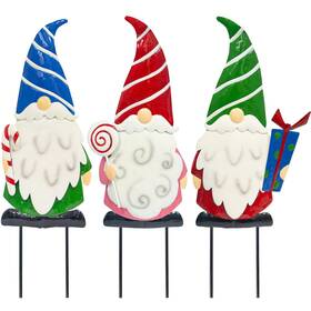 Hourleey 600609089910 3 Pack 1.7 Ft Christmas Yard Stakes Metal Gnome Signs Christma