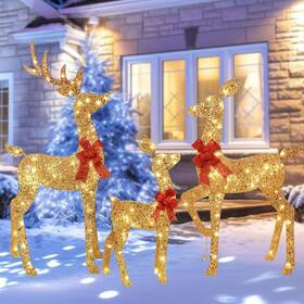 Hyc8032-g Hoyechi 3-piece 2d Lighted Christmas Deer Family Set - Large Outdoor Gold