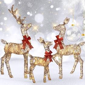 M0304 Hoyechi 3-piece 2d Lighted Christmas Rattan Deer Family Set Large Outdoor Yar