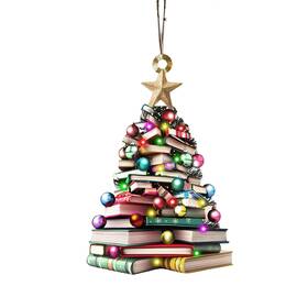 Jh30-book Hubbgdesign 2d Flat Christmas Book Tree Ornament Lover Gift Bookworm Natural Wood