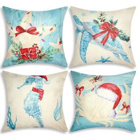 Goh-hunnmingre-1236 Hunnmingre 4 Pcs Christmas Sealife Coastal Pillow Covers Decoration Li Goh-hunnmingre-1236 Hunnmingre 4 Pcs Christmas Sealife Coastal Pillow Covers Decoration Li