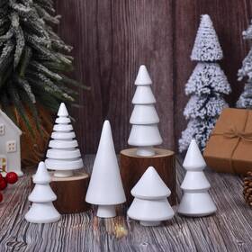 Hedian-25-02 Idatoo Wooden Christmas Tree Figurines 6pcs Mini Wood Xmas Trees In 4in White