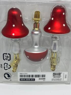 005.244.14 Ikea Set Of 6 Vinterfint Mushroom Christmas Tree Ornaments Red Clip On 4 Inch Glass