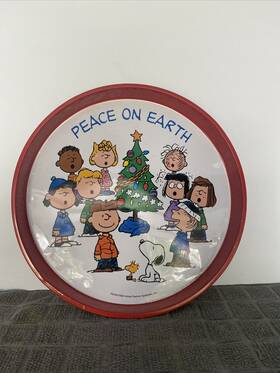 Rc4305 Imagination In Action Peanuts Snoopy Peace On Earth Christmas Metal 12 Inch Round Serving Tray Plate 1