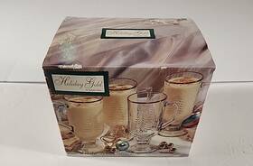 Indiana Glass 043289047526 4 Irish Coffee Mugs Embossed Christmas Treegold Trim Usa