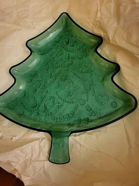 Indiana Glass 043289057907 Christmas Tree Serving Tray Platter Embossed Clear Green