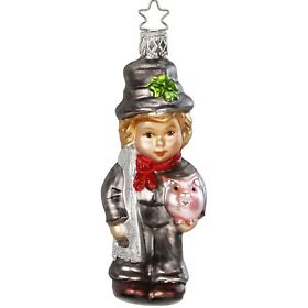 1-043-14 Inge Glas All The Luck Boy With Pig Mouth Blown Glass German Christmas Ornament