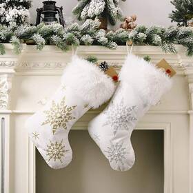Ingtall 725786681327 2 Pack White Christmas Stockings 20 Inch Gold And Silver Embroidery Snowflak