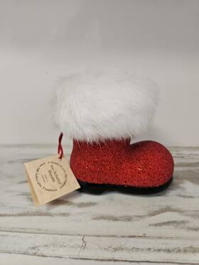 Ino Schaller 841554130801 Red Beaded Santa Boot Christmas Paper Mache Germany Faux Fur