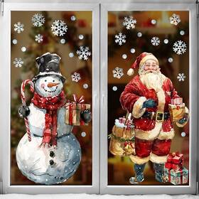 Iv-1443 Ivenf Christmas Window Clings Decorations 2 Sheets Extra Large Santa Claus Snowman