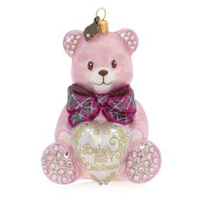 Jay Strongwater 848510024723 Babys First Christmas Teddy Glass Ornament Pink