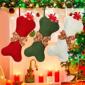 Ec-jerify-25596 Jerify 3 Pc Dog Christmas Stocking Bone Shape White Knitted Xmas Decor