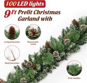 M0464 Jin&bao 9ft Christmas Garland With Lights 100 Snowy Pine Needles Green