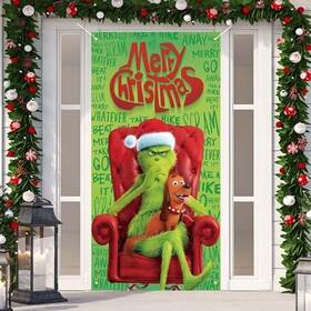 Lyn-2672 Jiudungs Merry Christmas Door Cover Front Porch Sign Banner Green