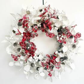 Jf2501 Jobflower 20 Inch White Eucalyptus Wreath With Red Plaid Leaves Winter Christmas Wreat