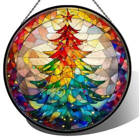 Jopjoliw 647379113902 Christmas Tree Stained Glass Window Hanging 7.9 Inch Colorful Xmas