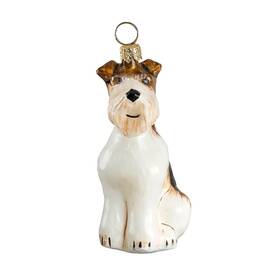 Zkp1757 Joy To The World Wire Coat Fox Terrier Sitting Dog Polish Blown Glass Christmas Ornament