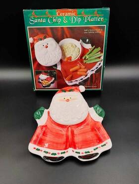 3254 Jsny Ceramic Santa Chip And Covered Dip Platter Hand Painted Vintage Christmas St. Nick