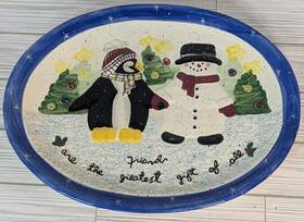 746673 Julie Ueland Penguin Platter Christmas Friends Pottery 14.5x11.25 Enesco