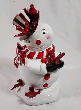 K&k 840220490089 Red And White Resin Snowman With Cardinals 13 Inch Christmas Decor