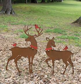 Czg1436 Kalalou Rustic Deer Red Cardinal Birds Christmas Outdoor Yard Garden Reindeer Set Of 2