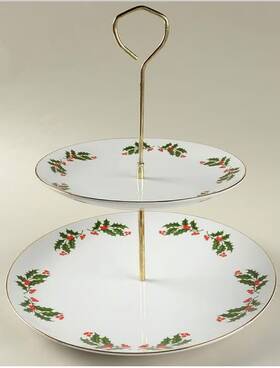 14-3354 Kashima Christmas Holly 2 Tier Tidbit Desert Display Cookie Platter Server Made In Japan
