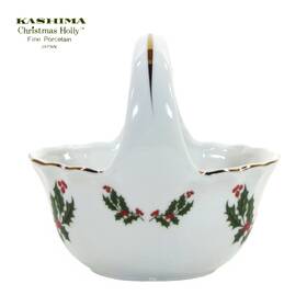 3345-131 Kashima Christmas Holly 16oz Handled Bonbon Bowl Gold Trim Japan Mib