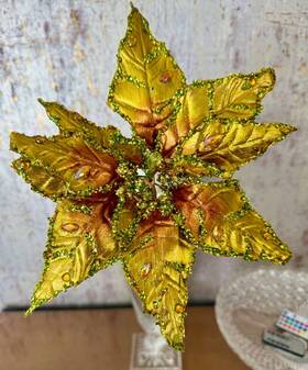 08-80181 Katherines Collection 34 Inch Gold Green Copper Glittered Poinsettia Spray Pick Stem Christmas
